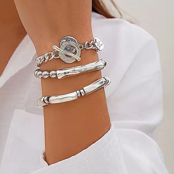 Stainless Steel Bracelet Set Chain Link Bamboo Statement Silver - Picture 2 of 6